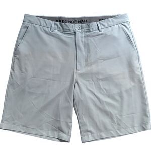 Greg Norman Golf Shorts Men’s 38 White & Light Blue Diagonal Graduated Stripes